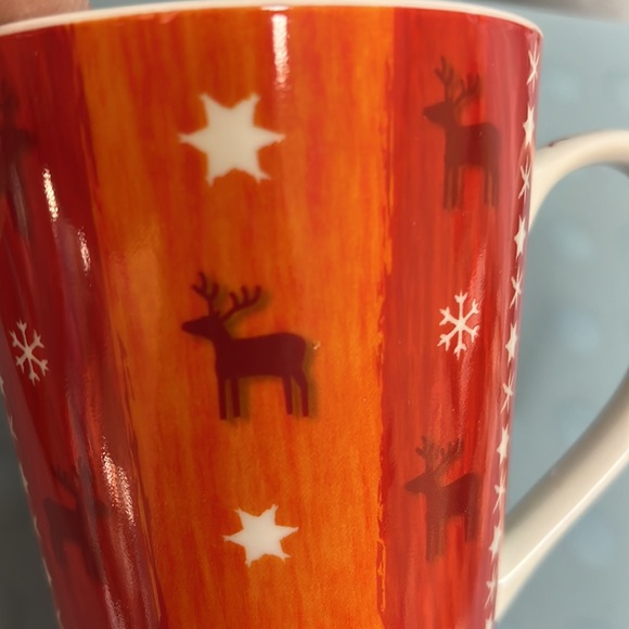 Tall 14 oz. Konitz Mug Reindeer Stars Snowflakes Red Orange White 4 7/8” Germany - Picture 8 of 10